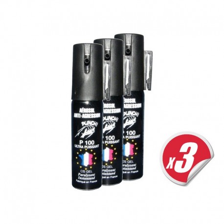 PACK de 3 bombes lacrymogènes PUNCH - Spray de défense CS GEL 25 ml à 20,00  €